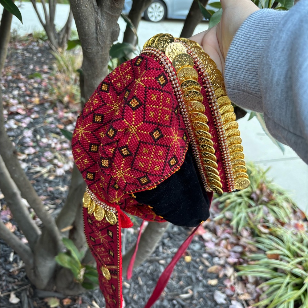 Traditional Embroidered hand stitched Black Velvet and Red Coin Hat